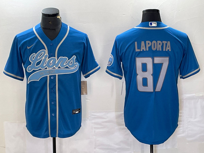 Men's Detroit Lions #87 Sam LaPorta Blue Cool Base Stitched Baseball Jersey